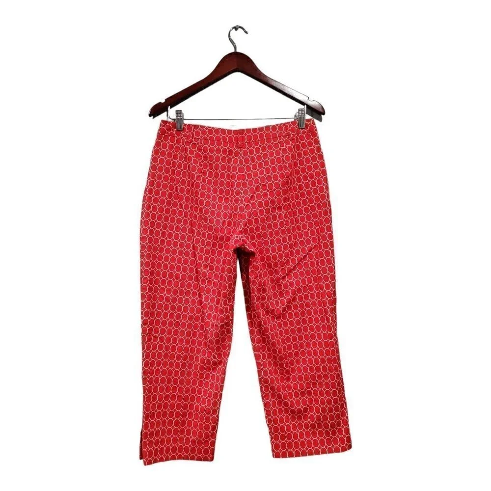 Talbots Women Cropped Red White Circle Pants Pockets Capri Slit Ankle Stretch 8